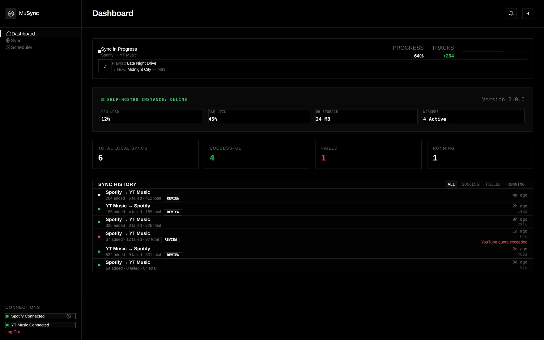 MuSync dashboard: an in-progress sync banner with track-level status, self-hosted instance health, sync counters and a sync history list.